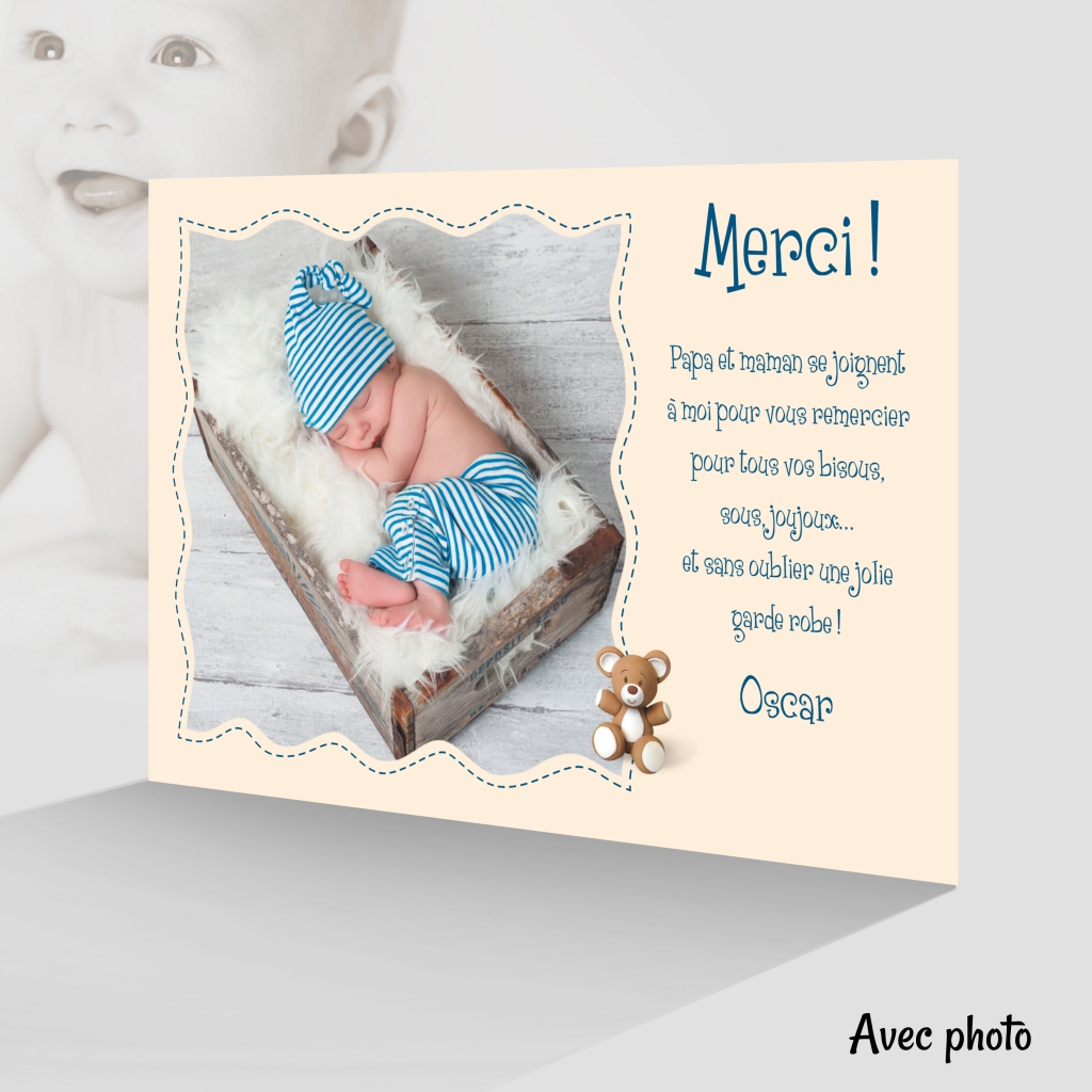 Carte Spéciale pour dire Merci avec Bébé Garçon sur ses Cadeaux