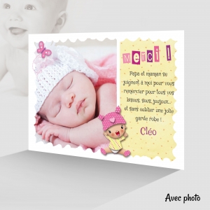 Carte Spéciale Remerciement Elégante pour Bébé Fille avec Photo
