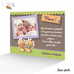 Carte Spéciale Remerciement Exclusive Photo Jumeau 1 Fille et 1 Garçon