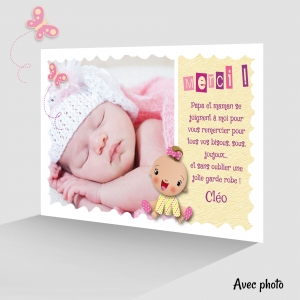 Carte Spéciale Remerciement Fille Rose Tendresse Mignon Bébé Photo