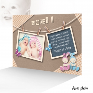 Carte Spéciale Remerciement Unique Tendresse Jumeaux + Photo