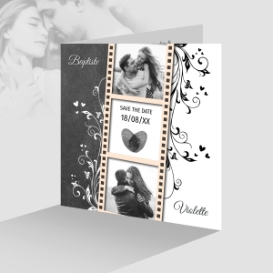 chic faire-part de mariage élégant original avec photos fleurs fond ardoise noir et blanc tendance