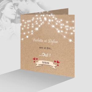 faire part de mariage élégant et original avec fond papier kraft recyclé rétro avec guirlande lumineuse