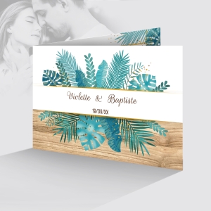 faire part de mariage fond bois avec feuille exotique à personnaliser