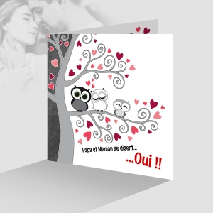 Faire-part de mariage humour avec 1 enfant famille de chouettes