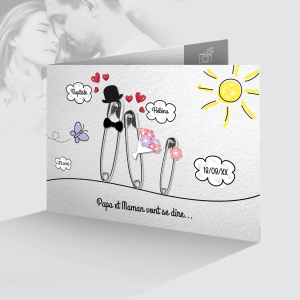 faire-part de mariage unique humour avec 1 enfant épingle à nourrice