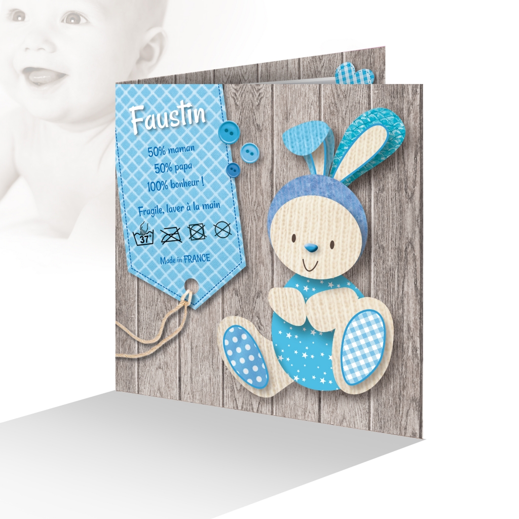 Faire Part Naissance Garcon Doudou Lapin Bleu Etiquette Humoristique Joli Faire Part