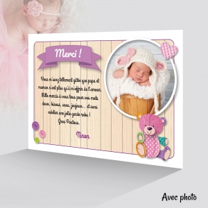 Faire Part de Naissance Fille avec joli ourson rose et photo