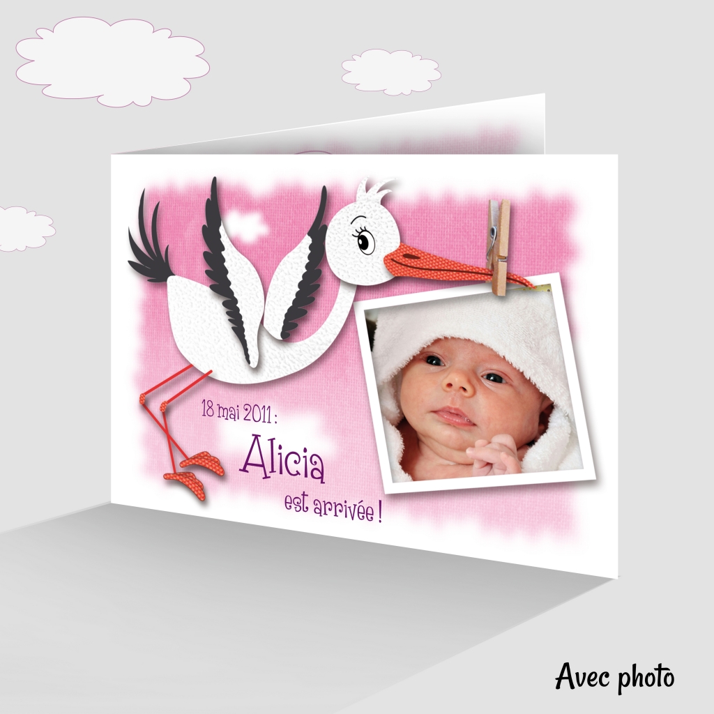 Faire Part Naissance Fille Avec Une Cigogne Qui Apporte Bebe Fond Rose Joli Faire Part