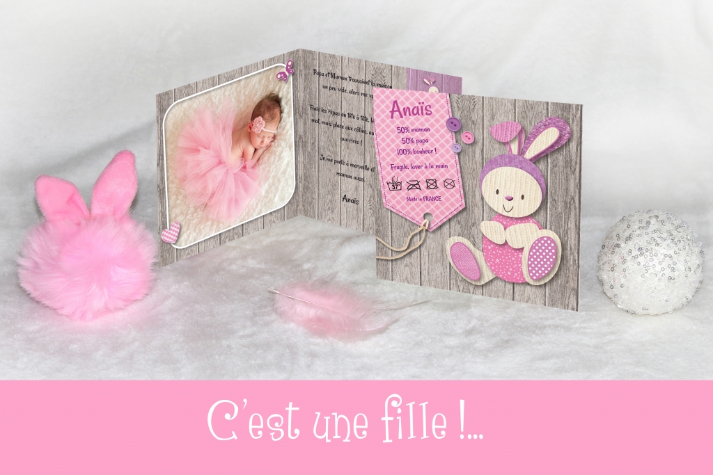 Faire Part de Naissance Fille Tendance Etiquette de Lavage avec Lapin -  Joli faire part