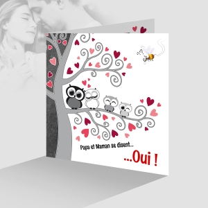 Faire-part mariage original avec 2 enfant rigolo avec chouettes