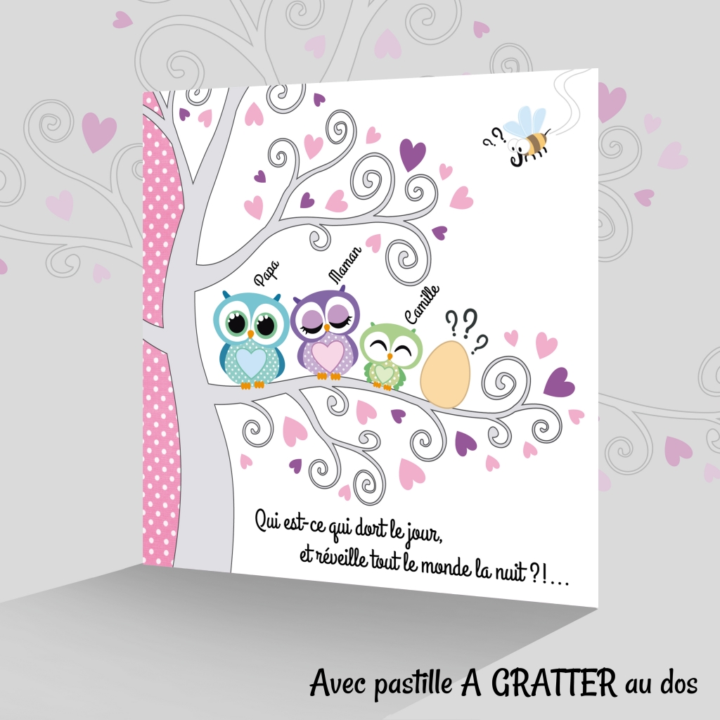 Faire Part Naissance Chouette 2 Enfant A Gratter Bebe Fille Original Joli Faire Part