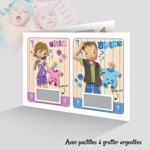 Faire Part Naissance Jumeaux à GRATTER pour savoir si c'est une fille ou un garçon humour