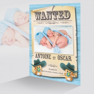 Faire Part Naissance Photo Jumeaux Garçon Far West WANTED Humour très Drôle