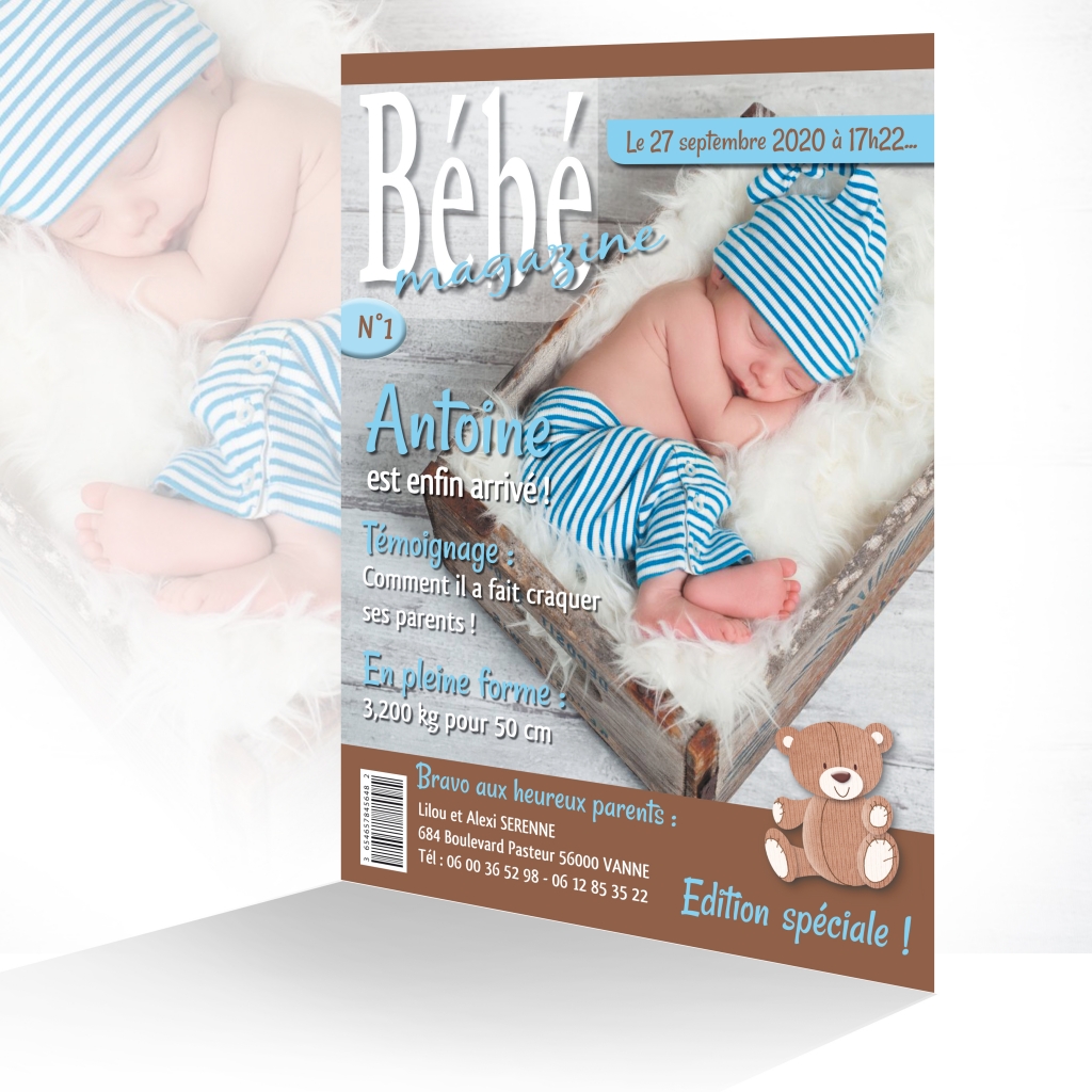 Faire Part De Naissance Presse Photo Bebe Magazine Garcon Fond Marron Joli Faire Part