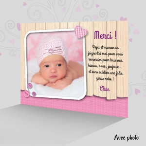 Joli carte de remerciement fille photo fond en bois