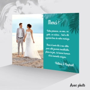 joli carte de remerciement mariage avec photo élégante exotique originale