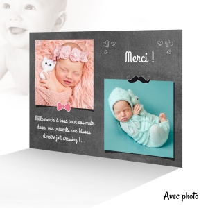 joli carte de remerciement naissance jumeaux fond ardoise élégante et originale