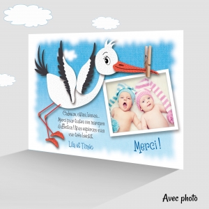 Joli Faire Part : Carte de Remerciement Jumeaux Photo Cigogne