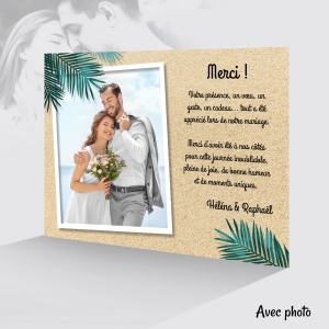 joli faire part carte de remerciement mariage fond en sable de plage chic avec photo