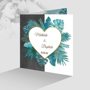 joli faire part de mariage élégant chic avec feuillage exotique feuille de palmier original fond ardoise