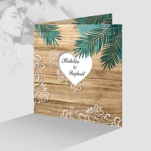 joli faire-part de mariage élégant chic et tendance fond bois exotique dentelle photo