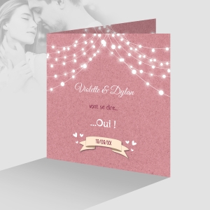 joli faire part de mariage fond kraft rose original avec guirlande lumineuse + photo
