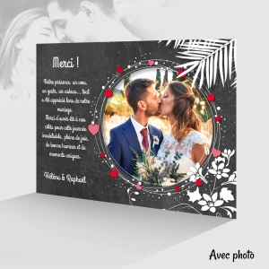 jolie carrte de remerciement mariage élégante fond ardoise feuillage exotique