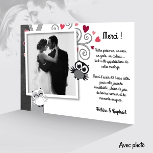 jolie carte de remerciement de mariage avec chouettes humoristiques