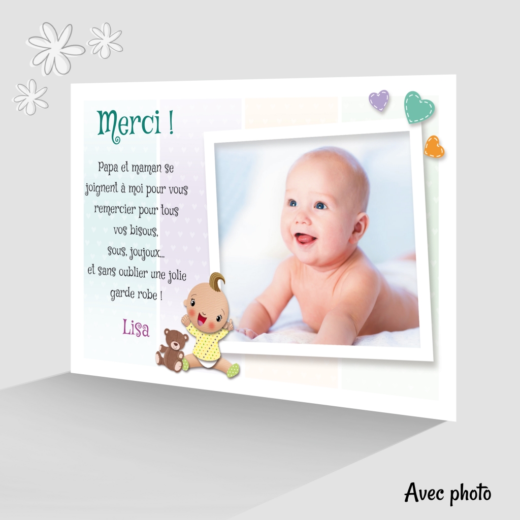 Carte Remerciement de Naissance Bébé Fille sur des Cadeaux