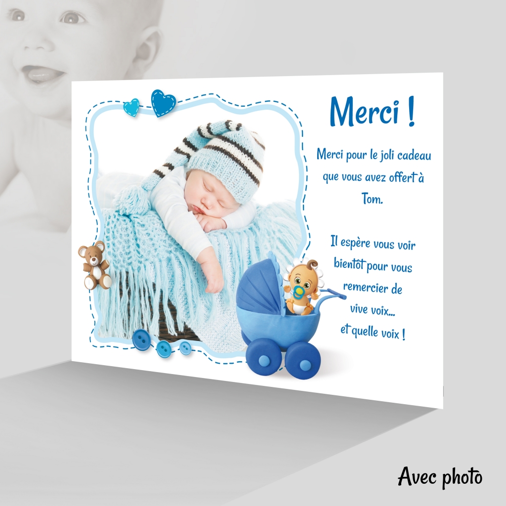 Carte Remerciement Naissance Garçon Merci gris velouté