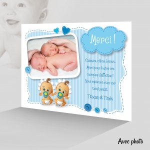 Jolie Carte Spéciale Remerciement Tendance et Originale Photo Jumeaux Garçon