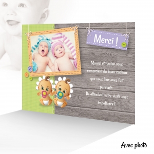 Magnifique Carte Remerciement Jumeaux bébés Fille et Garçon Tendance