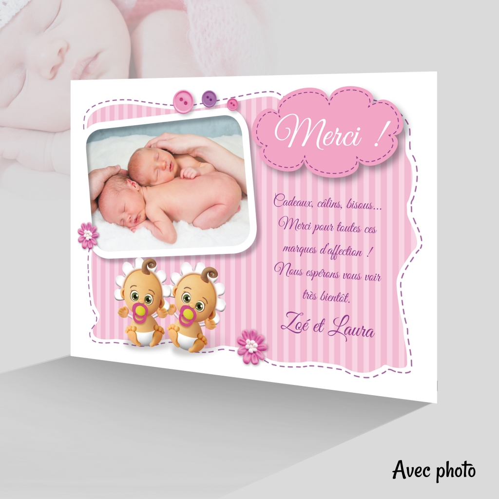 Carte Remerciement de Naissance Bébé Fille sur des Cadeaux