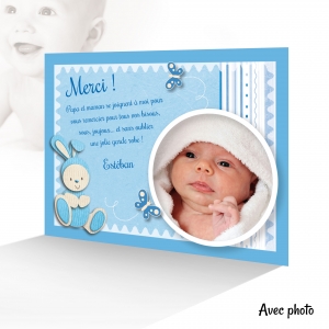 Superbe Carte de Remerciement Bleu Photo Adorable Lapin Bleu