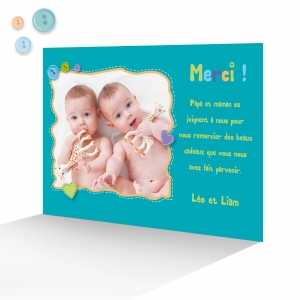 Superbe Carte de remerciement Bleu pour des jumeaux Garçons + Photo