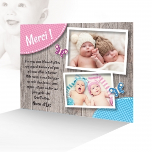 Très Jolie Carte Remerciement Jumeaux Originale Photos Fille et Garçon