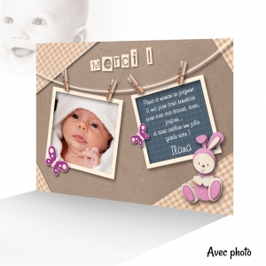 Très Jolie Carte Remerciement Photo Adorable Doudou Lapin Fille